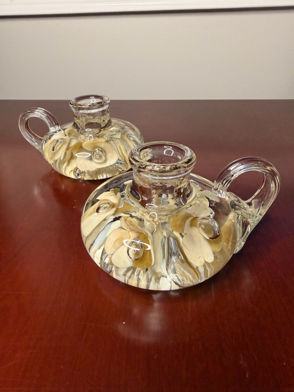Vintage Joe St Clair Art Glass Candle Holders White/Yellow Flower Set of 2